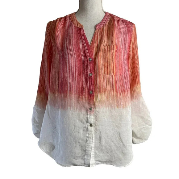 Zac & Rachel Petite Large Ombre Blouse Pink White Front Pocket Roll Tab Sleeves - Picture 1 of 7